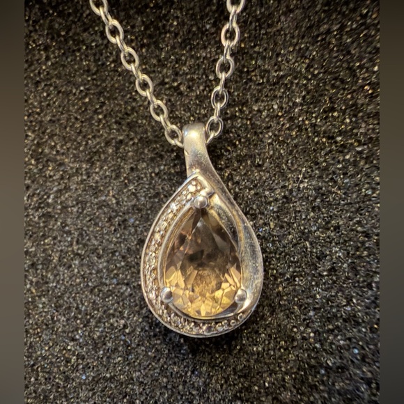Smoky Quartz Pear Teardrop with CZ Accent Vintage Inspired Necklace - Picture 3 of 5
